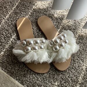 Elegant White Fringe Pearl Slide Sandals